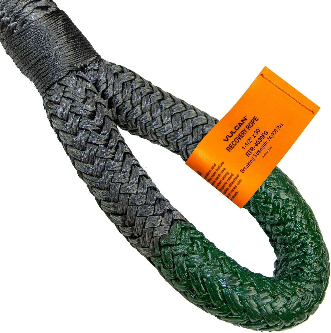 Off-Road Recovery Rope - 1-1/2 Inch X 30 Foot - Green Eyes - 74,000 Pound Breaking Strength - Includes Vented Storage Bag