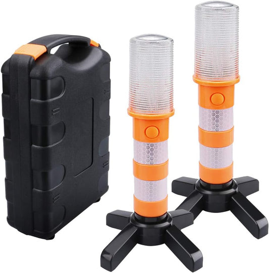 2 LED Emergency Road Flares, Red Roadside Beacon Safety Strobe Light, Warning Signal Alert Magnetic Base and Upright Stand in Solid Storage Case for Car Marine Vehicles Trucks