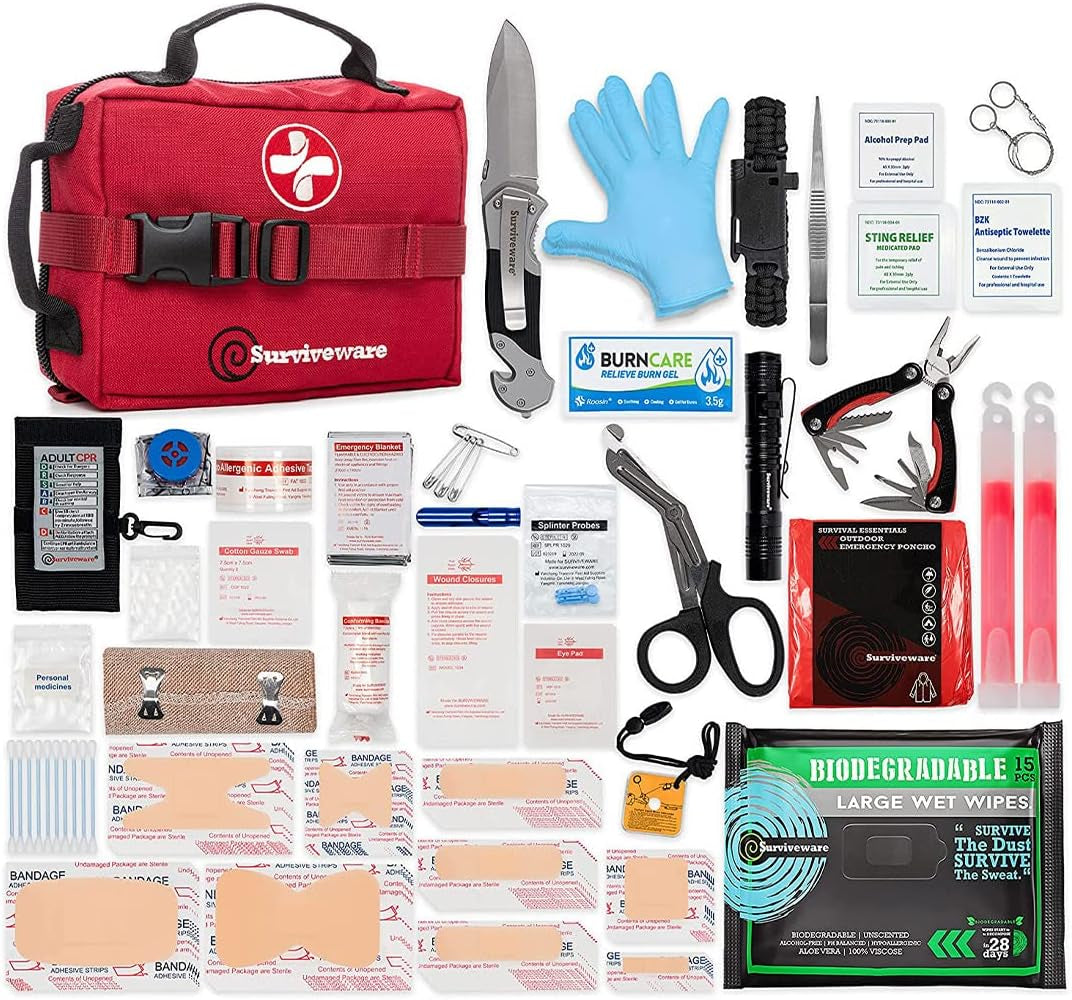 Survival First Aid Kit - 180 Pcs Medical Supplies W/Removable MOLLE System & Labeled Compartments