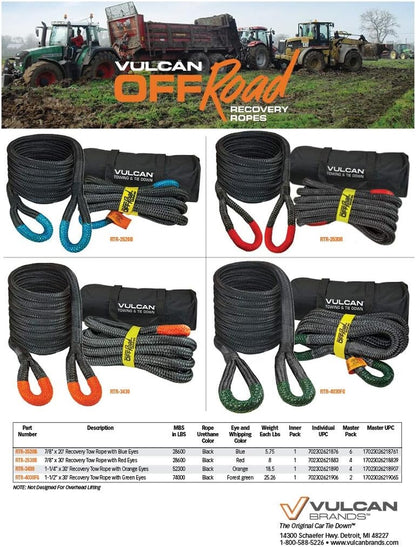 Off-Road Recovery Rope - 1-1/2 Inch X 30 Foot - Green Eyes - 74,000 Pound Breaking Strength - Includes Vented Storage Bag