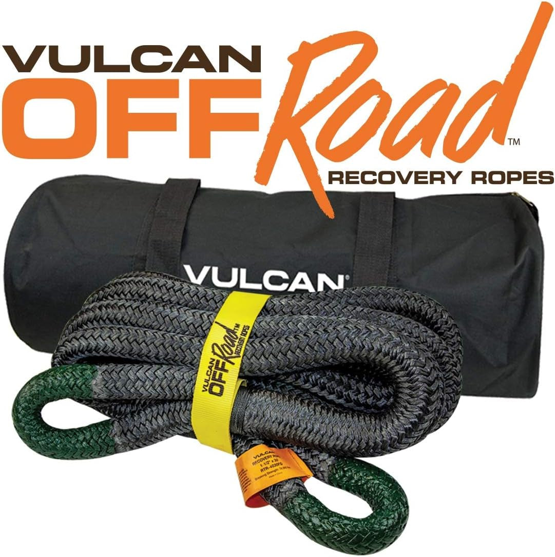 Off-Road Recovery Rope - 1-1/2 Inch X 30 Foot - Green Eyes - 74,000 Pound Breaking Strength - Includes Vented Storage Bag