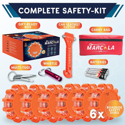 LED Road Flares 6-Pack | Roadside Safety Disc | DOT Compliant LED Safety Flares | Batteries, Case & Whistle Included | Feel Safe on the Road!